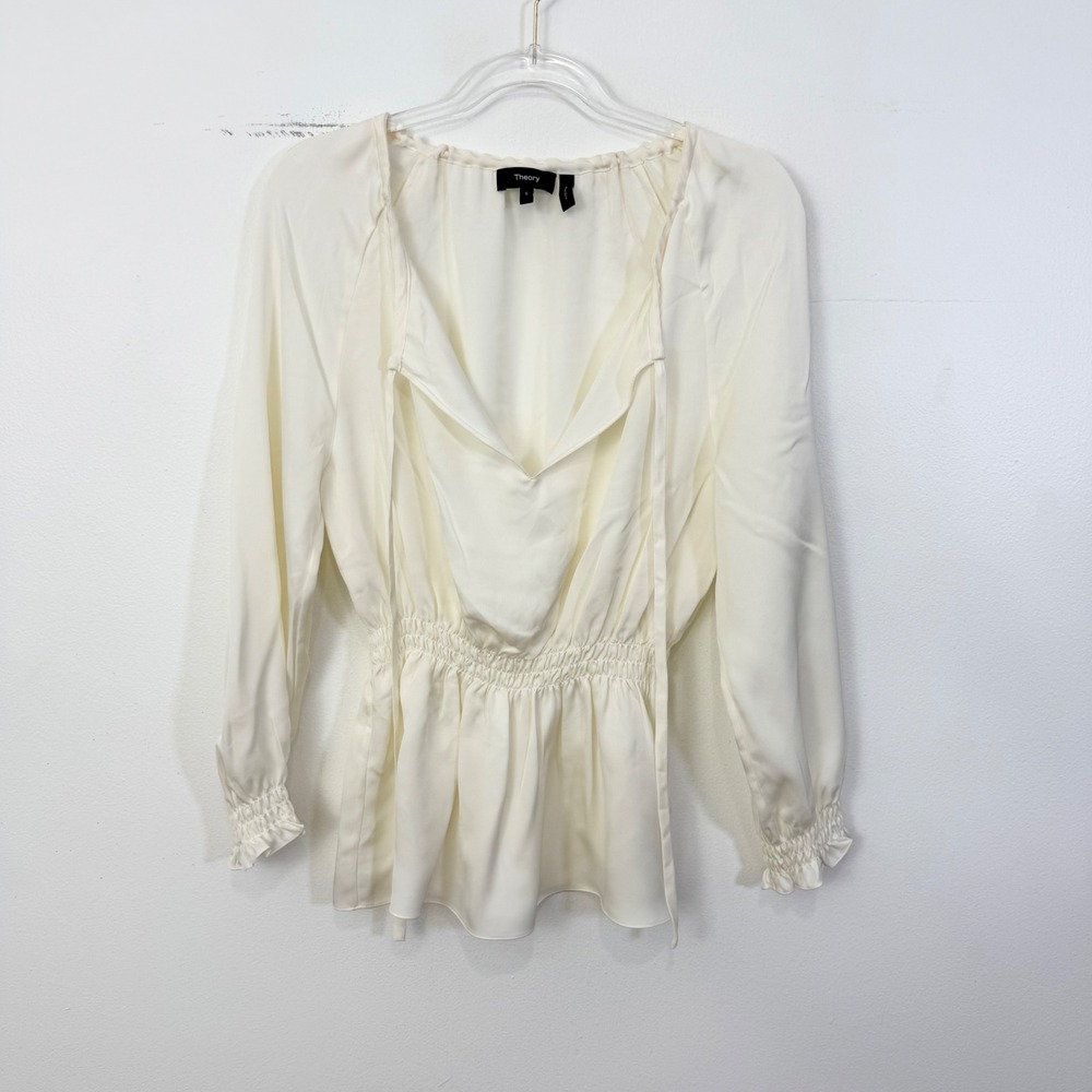 Theory Modern Gathered Silk Peplum Blouse Ivory Size Small